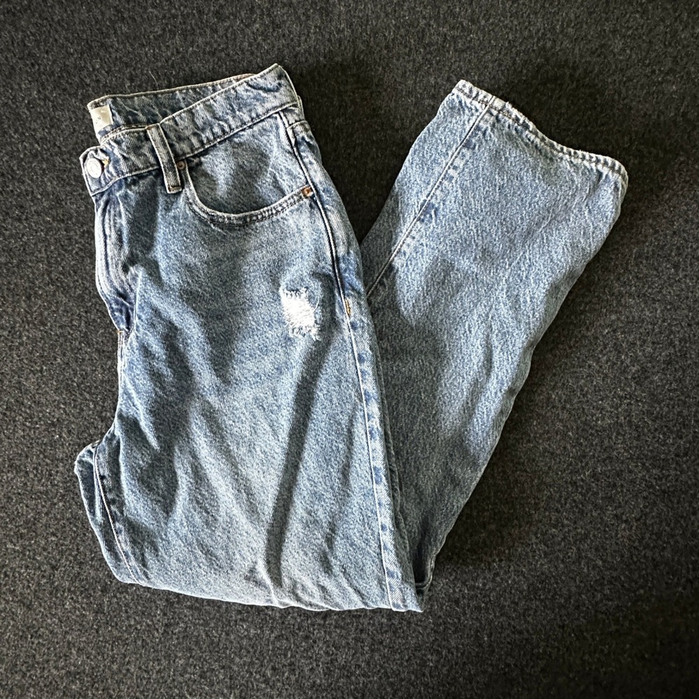 PacSun Womens High Waisted Distressed Straight Leg Jeans Light Wash Blue Denim